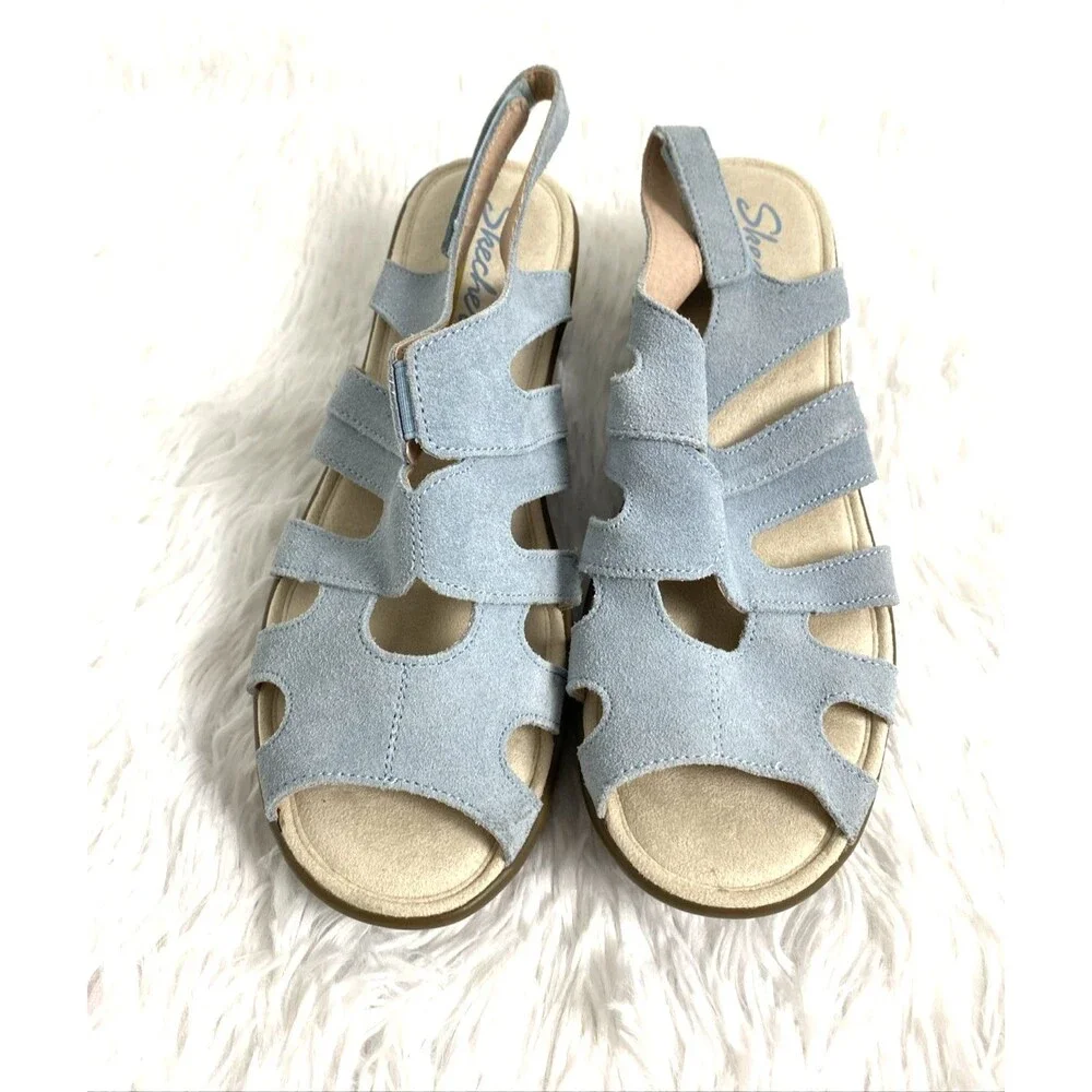 Skechers Memory Foam Womens Wedge Sandals Size 8 Blue Sky Suede Slingback - Picture 2 of 12